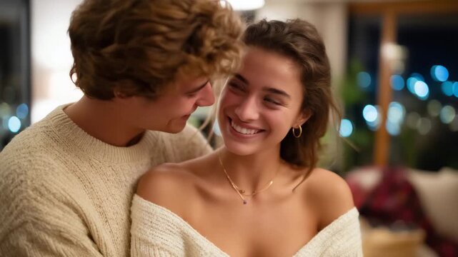 109Romantic scene of faceless young man placing necklace on joyful woman, cozy indoor lighting, tender couple bonding and affection expressed through jewelry