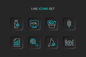 Naklejka premium Set line Vegan food diet, Human stomach health, GMO, Diet plan, Wheat, Shopping bag and, Kcal and Lactose intolerance icon. Vector