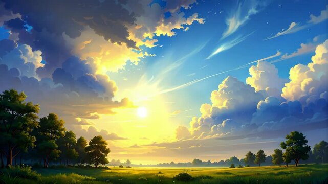 Vibrant anime style digital landscape of a sun rising over a peaceful green field with dramatic fluffy clouds