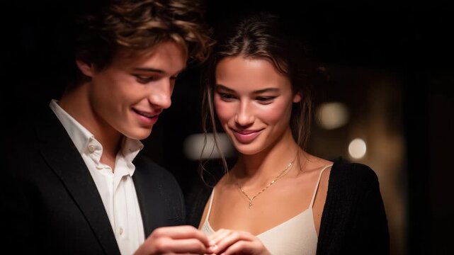 123Romantic jewelry exchange featuring faceless man and smiling woman, close framing, tender hands, love and connection expressed through elegant accessory