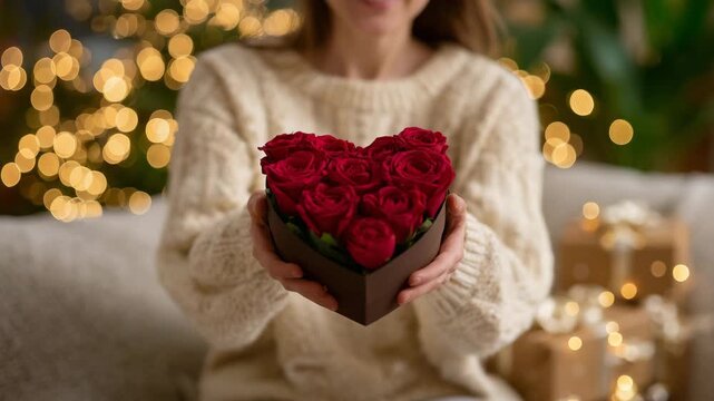 128Romantic indoor scene featuring faceless woman in a cozy sweater holding a heart-shaped box of roses, luxury gift bags and chocolates on sofa behind her, intimate Valentine&rsquo;s celeb