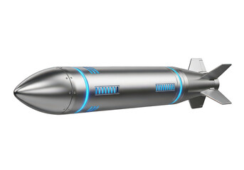 Detailed 3d illustration of a sleek silver missile with blue markings isolated on transparent background