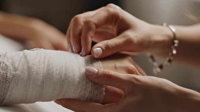 Nurse applying gauze bandage to patient's injured wrist