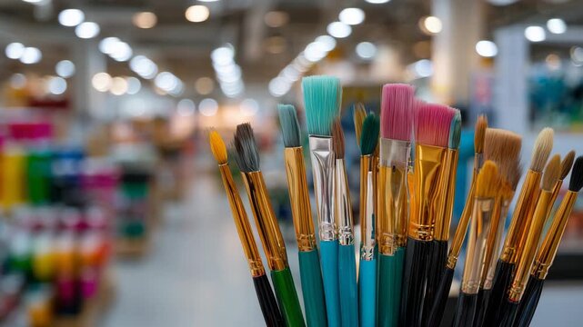 171Defocused background of school stationery aisle with a row of paintbrushes in foreground, varying bristle types and softness, creative tools for painting and crafting, warm lightin