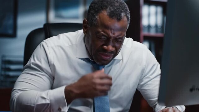 Stressed businessman experiencing sudden chest pain and heart attack at work