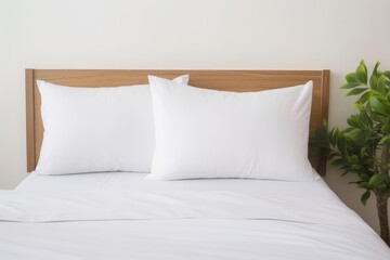 Obraz premium Clean bed with white pillows and sheets in a simple bedroom