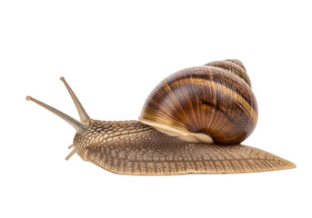 Brown snail with shell moving slowly isolated on transparent background