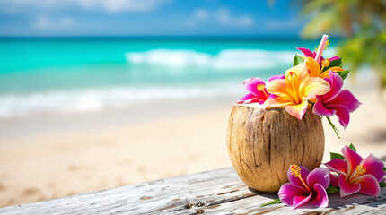 fresh drinks on the beach with flowers