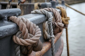 Fototapeta premium Nautical Rope Detail on a Historic Vessel Dockside by Calm Water