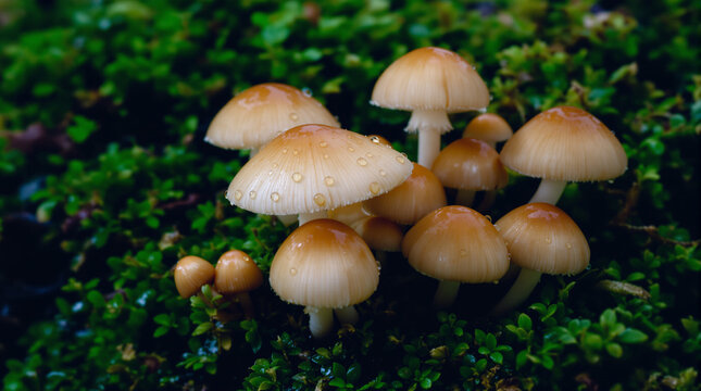 mushrooms on green moss with water surface
