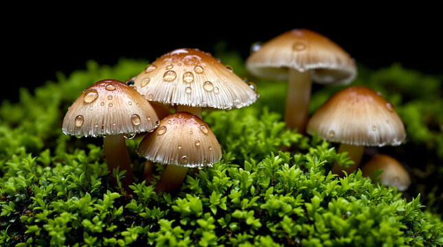 mushrooms on green moss with water surface