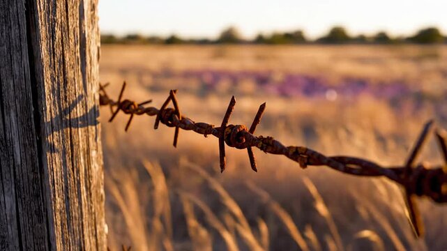 Rusty barbed wire fence post in rural field at sunset
