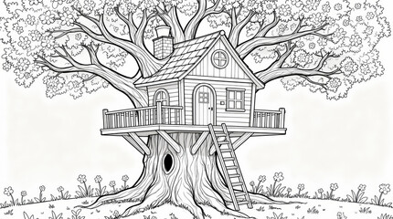 Obraz premium Intricate Black and White Line Art Drawing of a Whimsical Treehouse Perched in a Majestic Oak Tree with Detailed Branches, Invoking Childhood Dreams and Adventure
