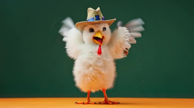 Happy turkey doing a joyful jump dance, pilgrim hat and big cheerful eyes, Thanksgiving celebration concept, orange minimal background, smooth animated style
