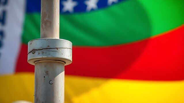 flagstick. Close-up of metal flagstick base showing weathered texture against vibrant flag. event key visuals, club posters, designed for sports event promotions and stadium branding.