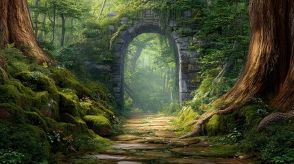 Fototapeta premium Stone pathway leading through an ancient archway in a mystical forest. Enchanted nature scene for fantasy story illustration or game background.