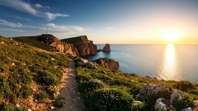Golden sunset over a coastal landscape with a narrow dirt path along rocky cliffs and a white lighthouse on the horizon