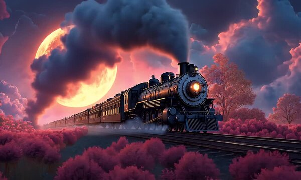 A steam train travels along tracks surrounded by pink bushes under a moonlit sky with smoke and clouds.