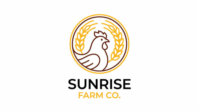 A charming logo for Sunrise Farm Co., featuring a rooster and wheat, symbolizing agriculture, community ties, and a warm, nostalgic connection to farm life and nature.