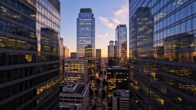 Aerial footage of a bustling cityscape at sunset with modern skyscrapers and a vibrant sky