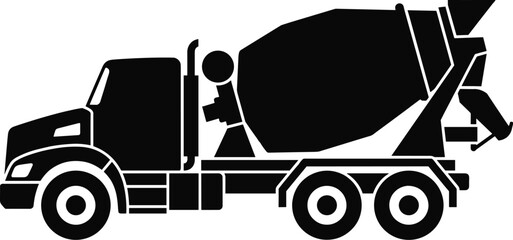 Minimal vector silhouette, cement mixer truck side view, construction vehicle icon, solid black, isolated on white background. © Saruf