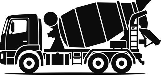 Minimal vector silhouette, cement mixer truck side view, construction vehicle icon, solid black, isolated on white background. © Saruf