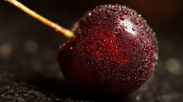 Close-up of ripe cherry with water droplets on dark wood and directional lighting.
