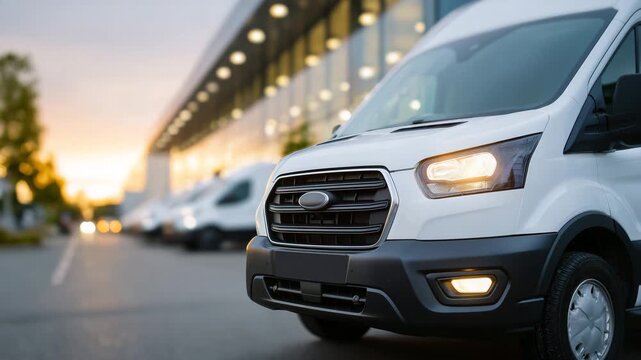 524Close-up perspective of front row of white delivery vans under glowing sunset, fleet vehicles shining, professional logistics company transport assets, evening golden lighting