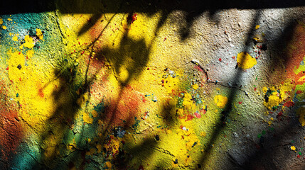 Naklejka premium Urban wall adorned with vibrant paint splatters, embodying abstract street art energy. 