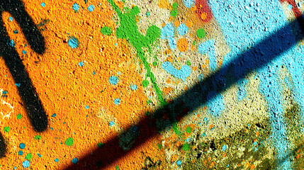 Naklejka premium Urban wall adorned with vibrant paint splatters, embodying abstract street art energy. 