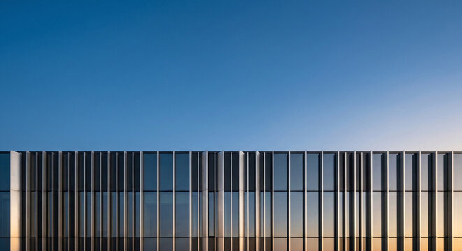 Modern minimalist architecture facade at dawn with massive clear sky copy space for background