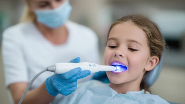Blurred background view of dentist performing children&rsquo;s teeth polishing using advanced electric instrument, pediatric dental care concept, hygienic clinical environment, calm and
