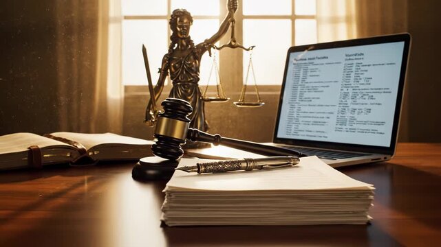 A a lawyer's workspace with a gavel, laptop, and books in a well-lit office