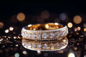 Gold and white gold ring with multiple rows of sparkling diamonds on a reflective surface