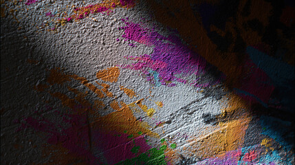 Naklejka premium Urban wall adorned with vibrant paint splatters, embodying abstract street art energy. 
