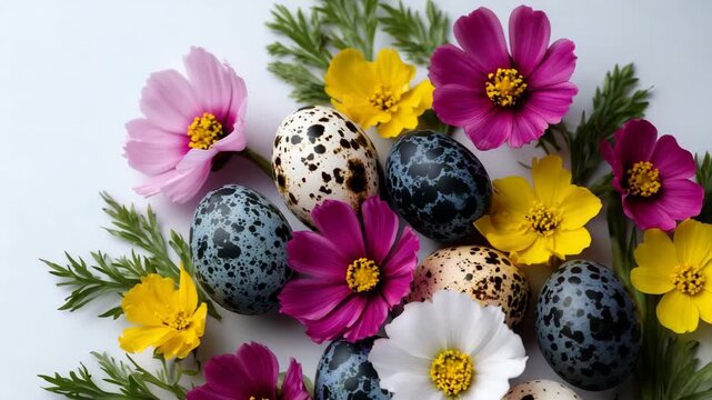 Bright Easter holiday top-view composition, colorful quail eggs mixed with spring flowers, white minimalist background, elegant copy space for text