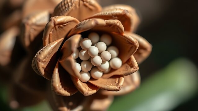 ovules. A pine cone with parted scales revealing tiny pearl-like ovules inside, botanical focus. gardening catalogs, home-decor guides, designed for home decor and floral branding.