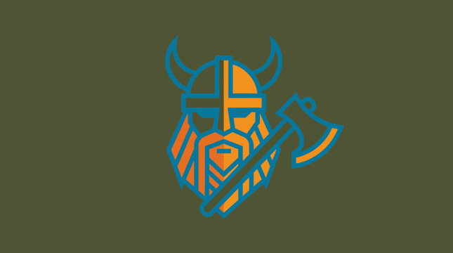 A bold Viking warrior emblem featuring an axe and helmet, symbolizing strength, bravery, and adventure, perfect for brands in gaming or fitness industries.
