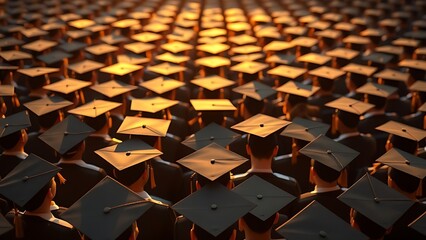 Obraz premium degree. Rows of graduation caps viewed from above, bathed in warm golden light for a ceremonial feel. event programs, museum guides, designed for cultural heritage projects and event programs.