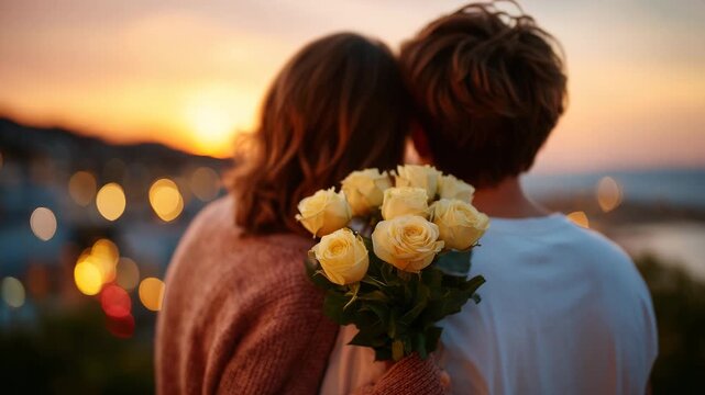 Tender romantic moment with faceless man hiding flowers behind his back, girlfriend facing away unaware, warm evening light, emotional connection and affection conveyed through bod