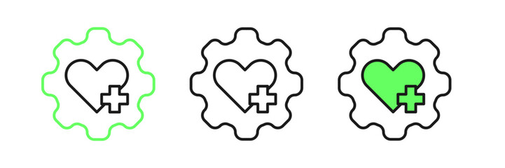 Obraz premium Set line Heart with a cross icon isolated on white background. First aid. Healthcare, medical and pharmacy sign. Vector
