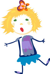 Obraz premium Cute Cartoon Stick Figure Blonde Girl Dancing with Butterfly Hair Clip and Teal Skirt — Surprised Expressive Child Character Illustration on Transparent Background