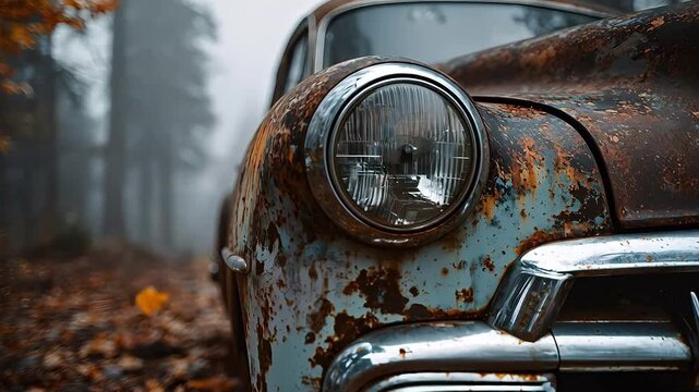 Beautifully weathered, rusted classic vintage car abandoned deep in a misty, enchanting autumn forest, moody cinematic landscape lighting.