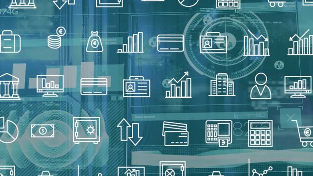Animation of data processing and business icons over server room