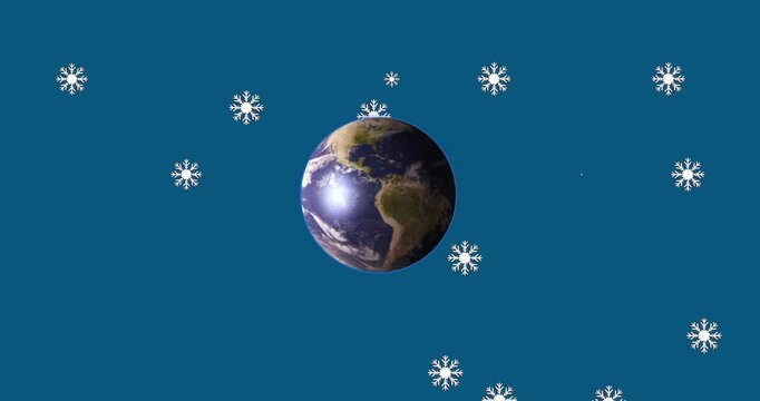Animation of snowflakes falling over globe on blue background