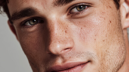 Fototapeta premium close up portrait of young man with acne skin texture, male face with enlarged pores and skin imperfections, dermatology and skincare concept for acne prone skin