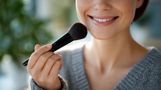 Woman holding blush brush mid-application, faceless portrait, personal grooming and cosmetic routine, natural lighting emphasizing facial texture, defocused background with copy sp