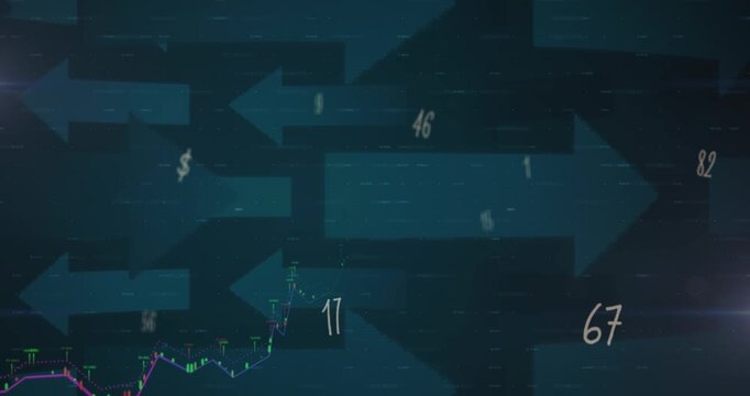 Animation of graph and data processing over grey arrows on dark background