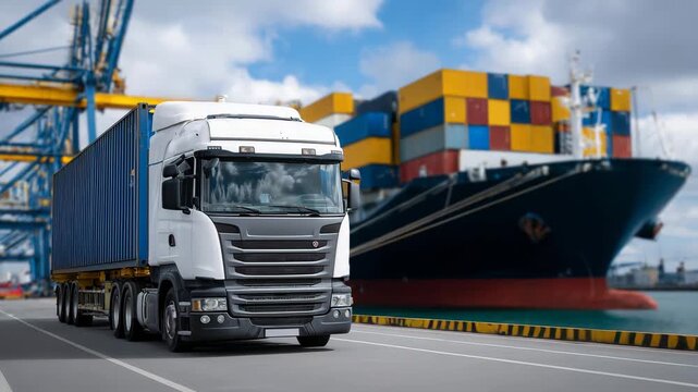 2Close-up of cargo plane unloading containers, truck receiving freight, ship docked in port, demonstrating integrated multimodal logistics and global shipping coordination