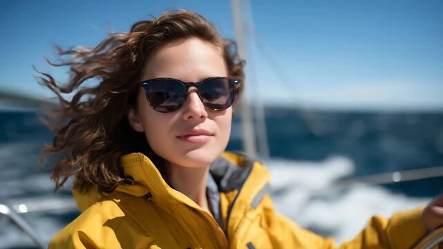 Young woman on yacht helm, yellow jacket and sunglasses, hair blown by sea wind, clear blue sky and sparkling water around, navigating open ocean